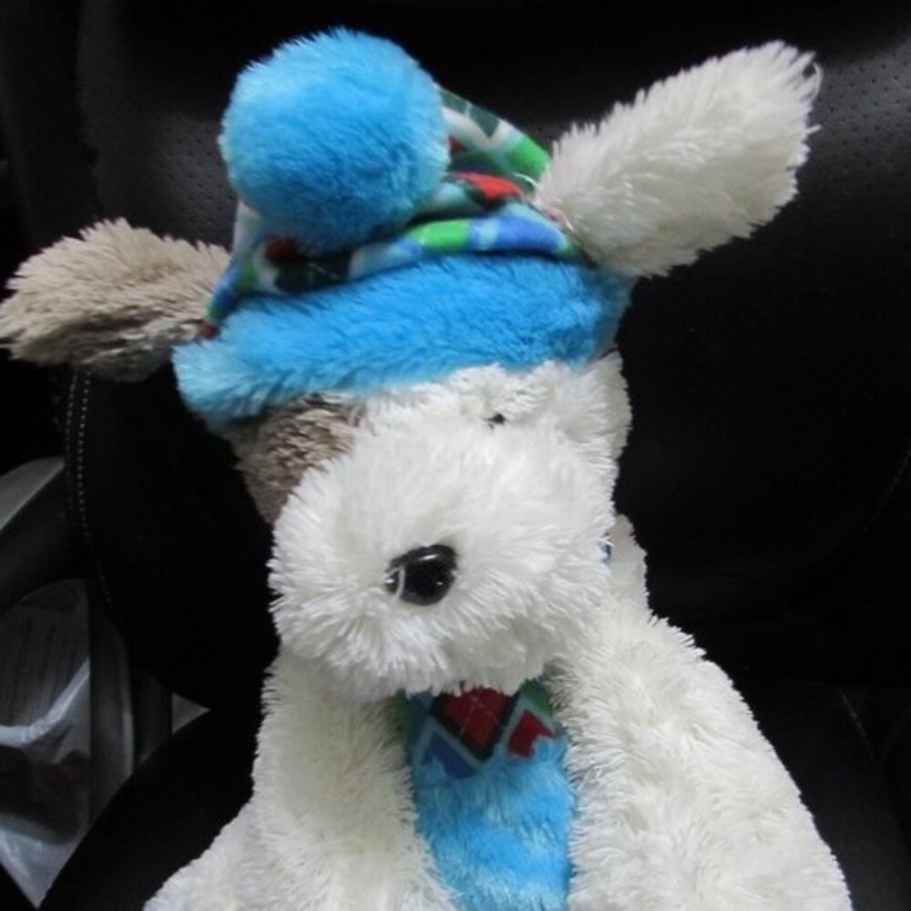 HUGFUN International Plush Winter Dog White w/ Blue Pattern Hat & Scarf STUFFED